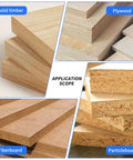 Solid timber, plywood, fiberboard, and particleboard showcasing application scope for Heavy Duty 120 Degree V Groove Router Bit.