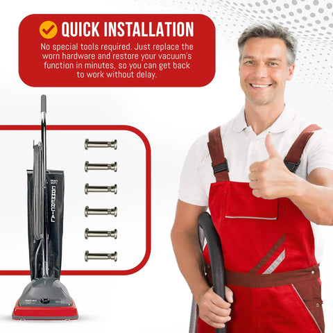 Nut And Bolt Replacement Set For Eureka And Sanitaire Upright Vacuums shown with a smiling person giving a thumbs up