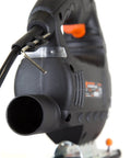 Gassed Up Variable Speed Orbital Jig Saw With Integrated Laser And Hella Bright Led Work Light For Knockout Accuracy showing the jigsaw's blade port.