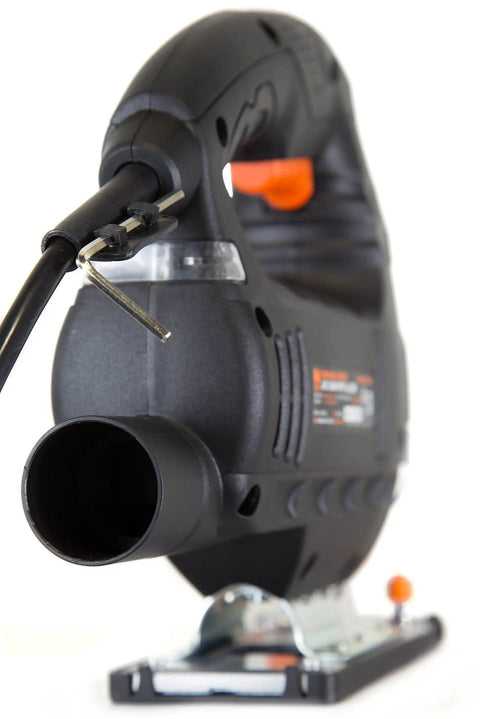 Gassed Up Variable Speed Orbital Jig Saw With Integrated Laser And Hella Bright Led Work Light For Knockout Accuracy showing the jigsaw's blade port.