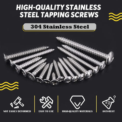Front view of Hilitchi 570-piece stainless steel Phillips round-flat head self-tapping screws set, sizes M3-M6.