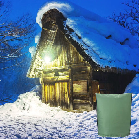 All Weather Insulated Pouch For Outdoor Backflow Preventer And Sprinkler Valves, Winter Freeze Protection, shown with snowy cabin
