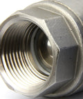Close-up of NSF Certified 304SS build on 1/4 Inch Motorized Ball Valve With 85-265V AC Range, NPT Thread, brass electric valve.