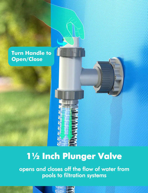 Above Ground Pool Plunger Valve Replacement Kit With On Off Valve 1.5 Inch Outlet Strainer And Inlet Nozzle Pool Pump Part Plus Hose Adapter For Sand Pump DIY Upgrade, 1.5-inch plastic valve on pool wall