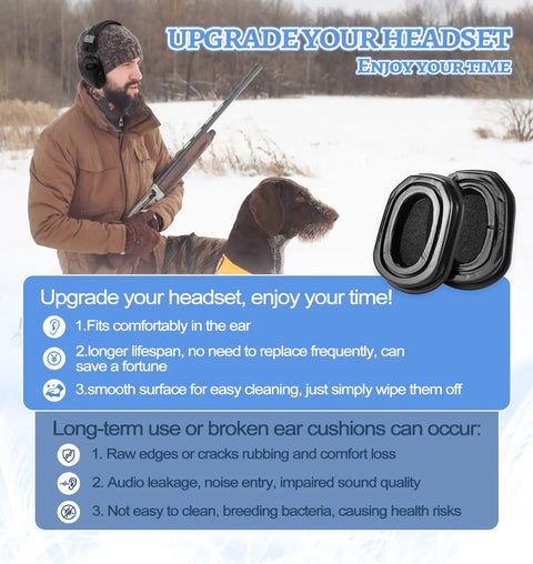 Hunter with Comfy Replacement Gel Ear Pads For Walkers Razor And XCEL Earmuffs next to dog in snowy field