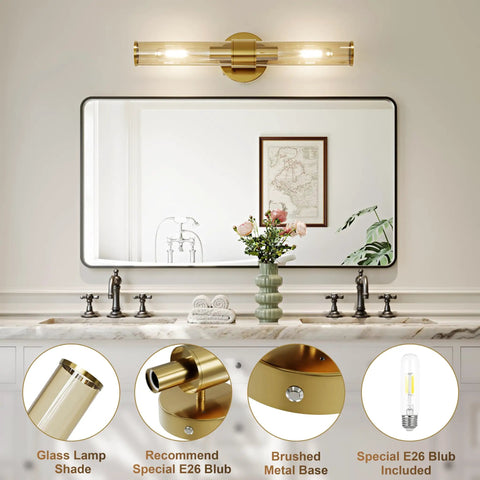 Champagne Gold Battery Operated Wall Sconces Set of 2, Rechargeable Sconce above a bathroom mirror with glass shade.