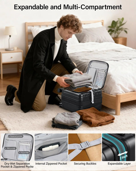 Man packing clothes into a 16 Inch Expandable Underseat Carry-On Luggage With Wheels, Grab-And-Go Top Opening For Easy Access.