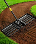 Pro Grade 6 Ft Lawn Leveling Rake With 30x10 Wide Head And Round Edge For Smooth Grass Soil Dirt Sand Yard Grooming Garden And Golf Course No Flip Easy Use in action, leveling soil.