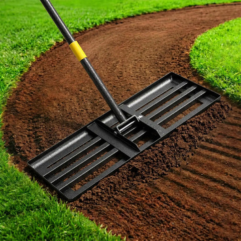 Pro Grade 6 Ft Lawn Leveling Rake With 30x10 Wide Head And Round Edge For Smooth Grass Soil Dirt Sand Yard Grooming Garden And Golf Course No Flip Easy Use in action, leveling soil.