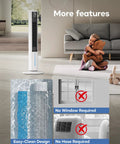 Windowless Portable Evaporative Cooler in living room, easy-clean filter, no hose or window needed for 3 in 1 cooling.