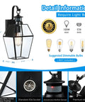 17 Inch Tall Black Motion Sensor Outdoor Wall Light with dusk to dawn feature, showing E26 socket, sensors, and glass frame details.
