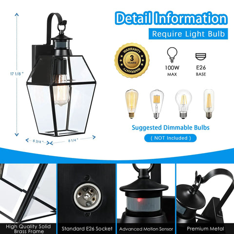 17 Inch Tall Black Motion Sensor Outdoor Wall Light with dusk to dawn feature, showing E26 socket, sensors, and glass frame details.