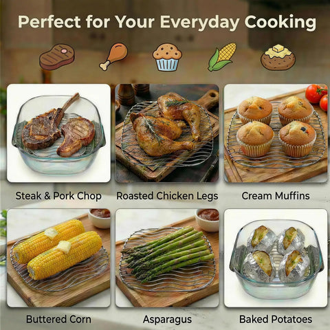 Solid Heavy Duty Two Piece Stainless Steel Crisper Rack Compatible With Ninja Crispi Air Fryer FN101 And AS101 in use with various foods.