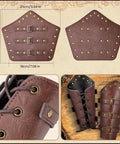 Dual Brown Renaissance Belt Pouch And Viking Bracer Kit featuring detailed leather bracers, studs, and straps for medieval looks.
