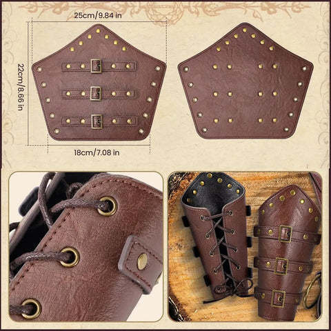 Dual Brown Renaissance Belt Pouch And Viking Bracer Kit featuring detailed leather bracers, studs, and straps for medieval looks.