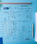 Slick 3 Piece Interior Design And House Plan Template Set Featuring Professional Furniture Layout Kitchen Bedroom Bathroom Grids And Scale Ruler For No Fuss Diy Room Mapping on blue background with eraser and pencil.
