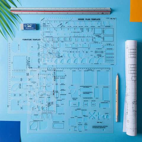 Slick 3 Piece Interior Design And House Plan Template Set Featuring Professional Furniture Layout Kitchen Bedroom Bathroom Grids And Scale Ruler For No Fuss Diy Room Mapping on blue background with eraser and pencil.