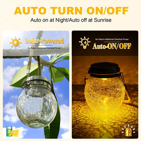 Outdoor Solar Lanterns 2 Pack IP65 Waterproof Hanging Lights With Warm Amber and RGB Glow Crackle Glass Ball Globes, day and night view.
