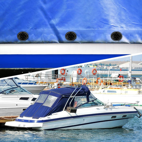 Close-up of blue marine canvas boat cover with three black twist-lock fasteners along the edge.