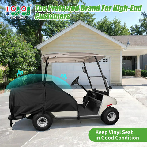 Golf cart with Heavy Duty Waterproof Golf Cart Seat Cover Universal Fit For Yamaha EZGO Club Car 2 Plus 2 Seats on driveway