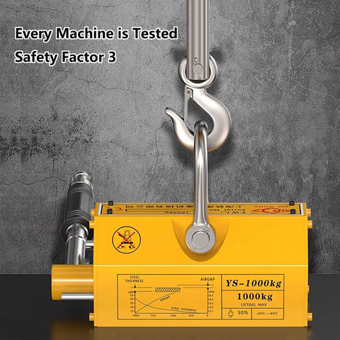 Heavy Duty Steel Magnetic Lifter With N42 Neodymium Core For No Sweat Lifting Of Three Tons On Factory Floors And Auto Shops Featuring A Solid 3.0 Safety Factor Built Like A Tank on a hook with safety instructions.