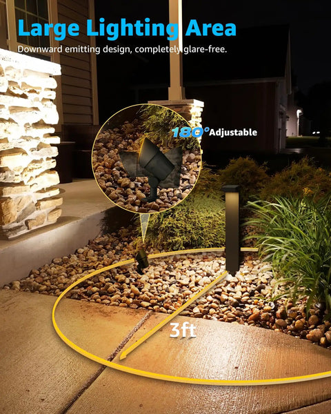 Low Voltage Landscape Lighting Kit 12 to 24V Outdoor LED Lights in Aluminum Lit 3000K Warm White 8 Pack lamp illuminating pathway