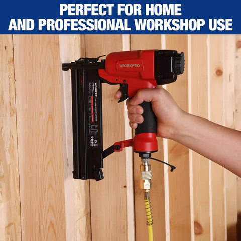 Person using a pneumatic nail gun with Pro Grade 16 Piece One Quarter Inch NPT Air Hose Fitting Kit With Storage Case Includes Quick Connect Brass Couplers And Plugs For Air Compressors And Pneumatic Tools, attached to a wooden panel.