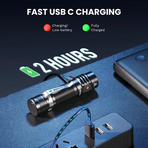 Rechargeable EDC Flashlight 1800 Lumen Output Beast Mode Bright Pocket Light with USB-C charging port in use