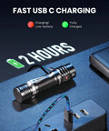 Compact EDC Rechargeable Flashlight With 1800 Lumen Output, SST 40 LED, Type C Charging connected to power source showing USB cord