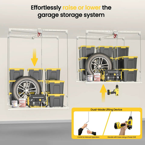 No Sweat Overhead Garage Storage Rack Straight Up Heavy Duty Ladder Free Ceiling Lift Tray For 8 To 10 Ft Ceilings 250 Pound Weight Limit With Secure Safety Latch In Bright White