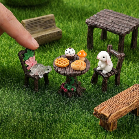 8 Piece Miniature Garden Figurines Resin Table And Chairs Set For Dollhouse Landscape Ornaments Vintage Village Vibe Decor For Gardens Moss Landscapes And Diy Craft Gifts with animal figures