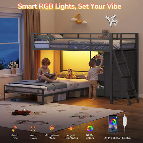 Twin Over Twin Bunk Bed With Four Storage Drawers Three Toy Bins And LED Lights, Metal Frame With Full Length Guardrail