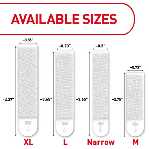 Available sizes of Narrow 10 Pound Picture Hanging Strips, 24 Strips Total, Damage Free Hangers For Picture Frames, white adhesive comparison.