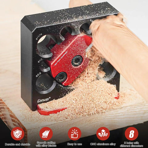 Slick No Sweat Drill Attachment Jig Kit For Turning Square Lumber Into Smooth Wooden Dowels Fast Solid Eight Size Range With Razor Sharp Carbide Blades For Hard Core Woodworking with wood shavings.