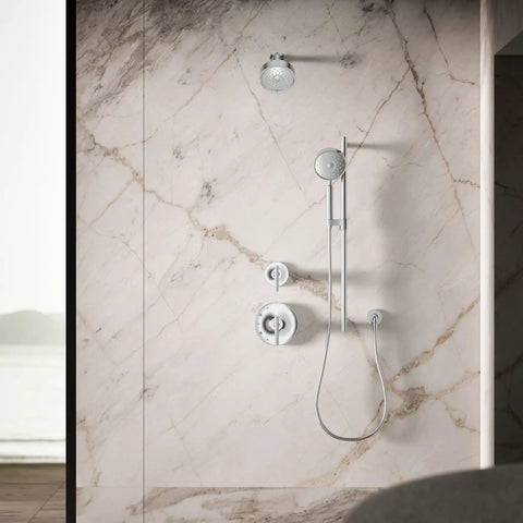 Purist Three-Spray Handheld Showerhead With Nonpositive Shutoff Full Coverage Massage And Silk Spray For Everyday Use No-Fuss Maintenance High-Pressure Mode 2.5 GPM Polished Chrome Easy Cleaning installed in marble bathroom