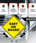 Baby On Board Car Magnet Sign 2 Pack 5x5 Inches Bright Yellow Reflective Safety Sticker for Bumpers dimensions shown