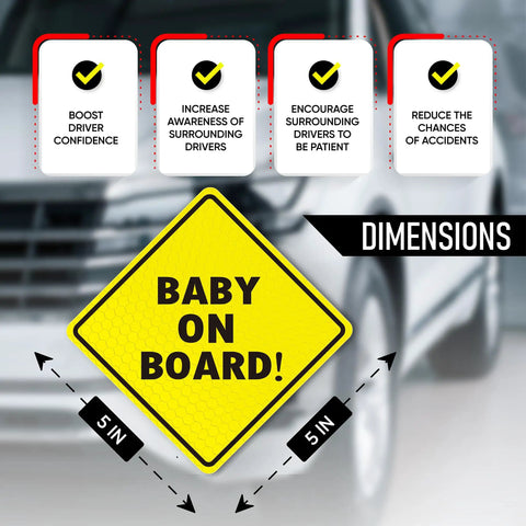 Baby On Board Car Magnet Sign 2 Pack 5x5 Inches Bright Yellow Reflective Safety Sticker for Bumpers dimensions shown