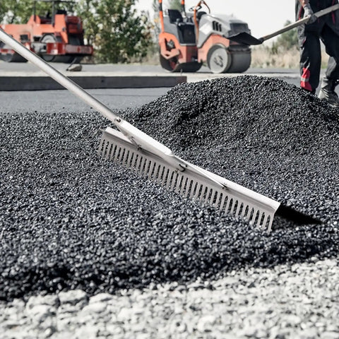 Heavy Duty Landscape Rake for Land and Water, 36 Inch Head Aluminum rake with 75 Inch Handle clearing asphalt on site