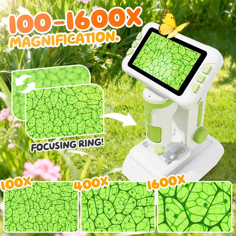 Kid Friendly 1600X Microscope With 4 Inch Digital Screen And 1080P Live View Slides Kit STEM Educational Science Toy For 3 To 14 Year Olds Perfect Christmas Or Birthday Gift For Curious Young Scientists, white and green handheld view