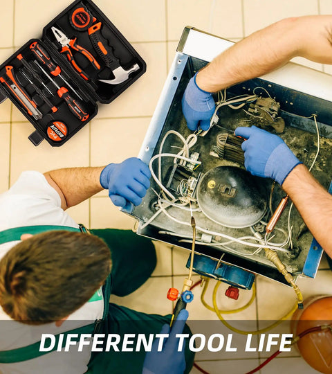 All In One 14 Piece Home And Auto Repair Tool Set With Hammer, Pliers, Screwdrivers, and Toolbox in use by technicians