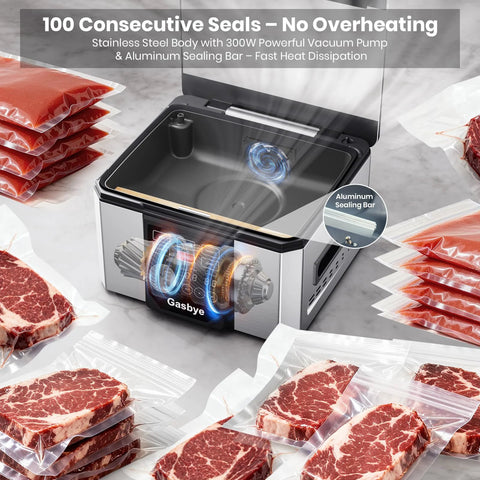 Front view of Gasbye chamber vacuum sealer in stainless steel, 5.3 qt, 11.5-inch sealing bar, with bags.