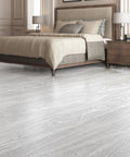 Peel And Stick Vinyl Wood Plank Flooring In Grey Ash 12 Pack Covers 18 Sq Ft Rigid Core Waterproof Self Adhesive Flooring shown in elegant bedroom