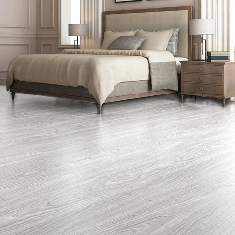 Peel And Stick Vinyl Wood Plank Flooring In Grey Ash 12 Pack Covers 18 Sq Ft Rigid Core Waterproof Self Adhesive Flooring shown in elegant bedroom