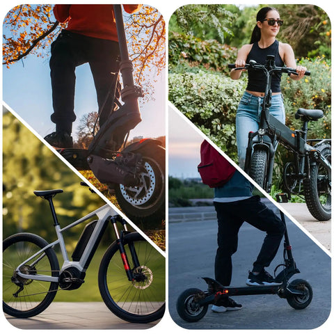 Collage of various e-bikes and scooters showcasing Hydraulic Disc Brake Kit for E Bikes with Dual Pistons and adapters