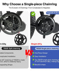 Comparison of TSDZ8 split and single-piece chainring showing weights and features