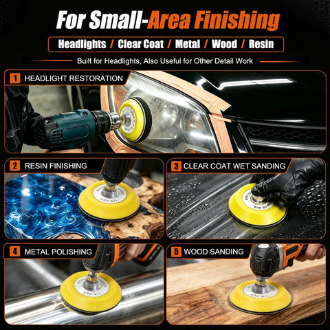 Image showing 192 Piece Drill Sanding Disc Kit With 60 To 5000 Grit Polish Attachments for headlights, wood, and resin finishing.