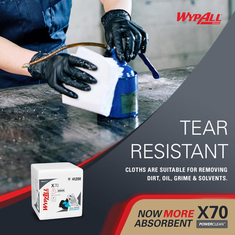 PowerClean X70 Medium Duty Cloths Quarterfold Wipes for Industrial Cleaning shown wiping oil from surface.