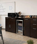 No Sweat Breakroom Cabinet With Mini Fridge Cutout And Three Spacious Drawers Fully Assembled Coffee Prep Station in office setting.