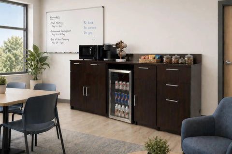 No Sweat Breakroom Cabinet With Mini Fridge Cutout And Three Spacious Drawers Fully Assembled Coffee Prep Station in office setting.