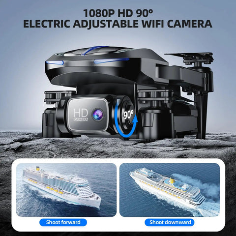 Close-up of Beginner Friendly Foldable Camera Drone With 1080P Video, showing 90° adjustable WiFi camera with ship views.